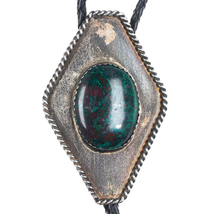 large Vintage Southwestern sterling silver chrysocolla bolo tie rope edge