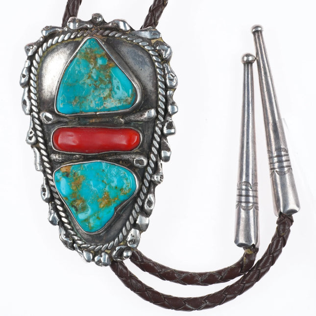 large Vintage Navajo sterling silver turquoise/coral bolo tie w/fancy tips