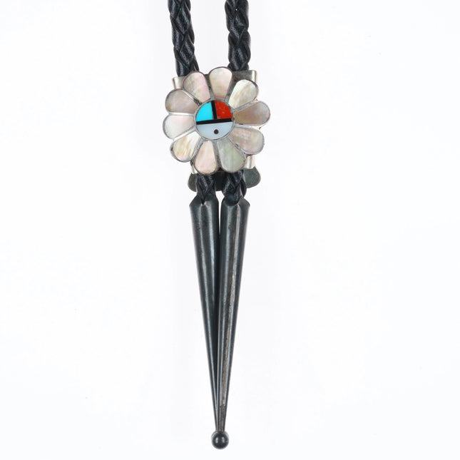 Vintage Zuni sterling silver inlay sunface bolo tie turquoise/coral/shell