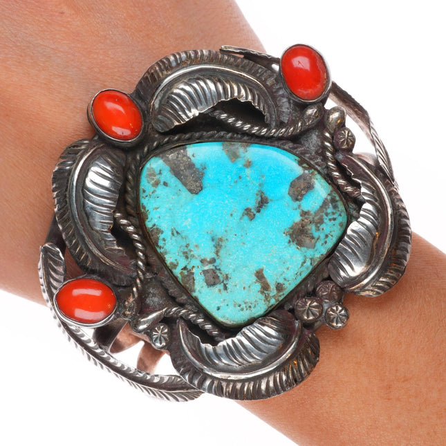 7" Large vintage Navajo sterling silver, turquoise, red coral cuff bracelet