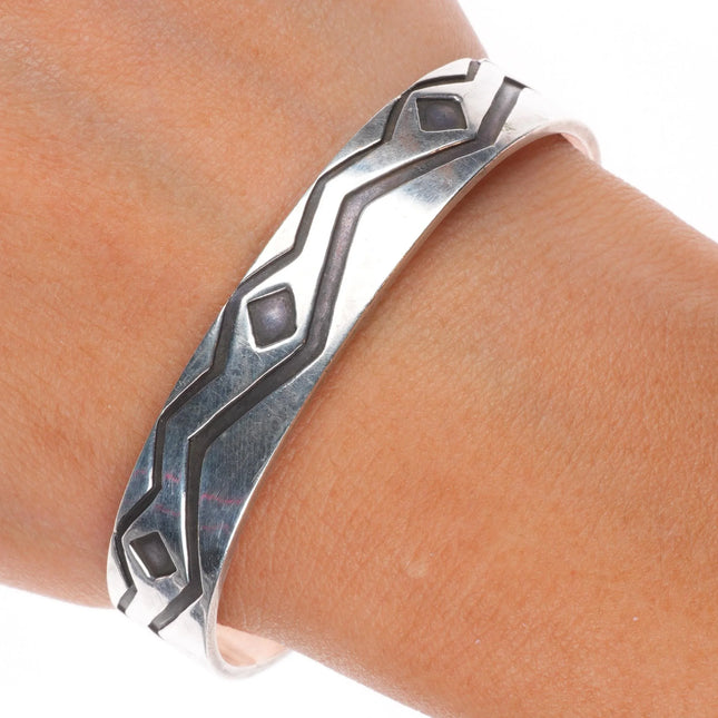 6.6" Vintage Navajo overlay geometric stacker cuff bracelet sterling silver