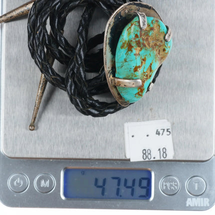Vintage southwestern sterling silver large turquoise stone bolo tie