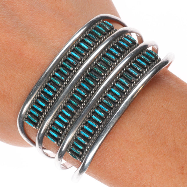 6.35 Zuni sterling silver 3 row needlepoint turquoise vintage cuff bracelet
