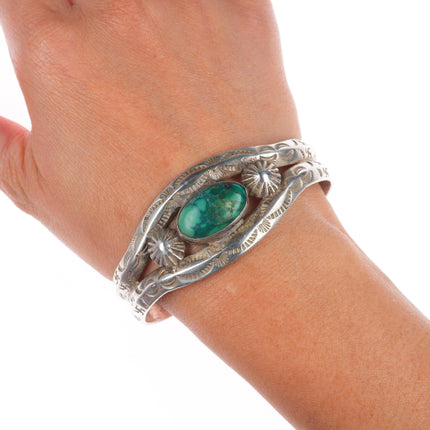 6.75" 20's-30's Navajo ingot silver whirling logs/arrows turquoise cuff bracelet