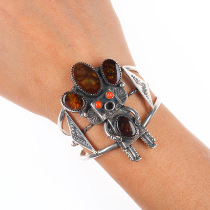 6" Jerry Roan Navajo Fire Agate/coral sterling silver kachina cuff bracelet