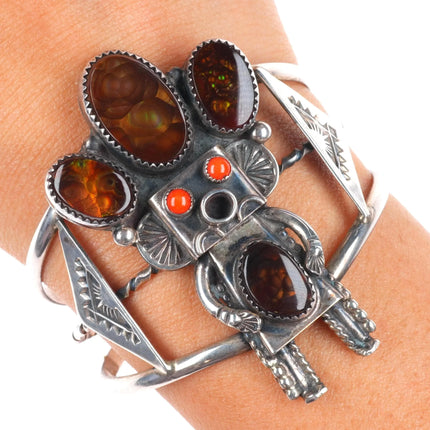 6" Jerry Roan Navajo Fire Agate/coral sterling silver kachina cuff bracelet