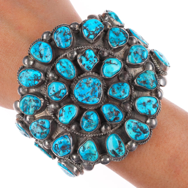 save for Jeff- 7.5" c1950 Huge Jim Long Navajo sterling silver turquoise cluster cuff bracelet