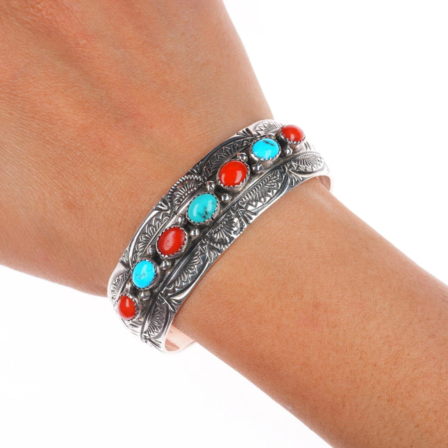 6.6" Wibert Benally Navajo sterling silver, turquoise, coral  cuff bracelet
