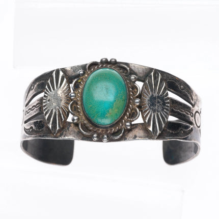 6.6" c1940's Navajo sterling silver turquoise wide hand stamped cuff bracelet