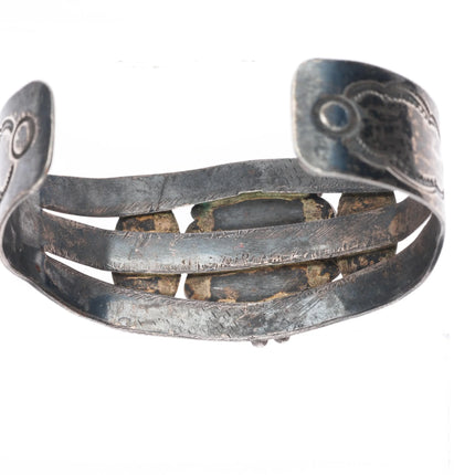 6.6" c1940's Navajo sterling silver turquoise wide hand stamped cuff bracelet