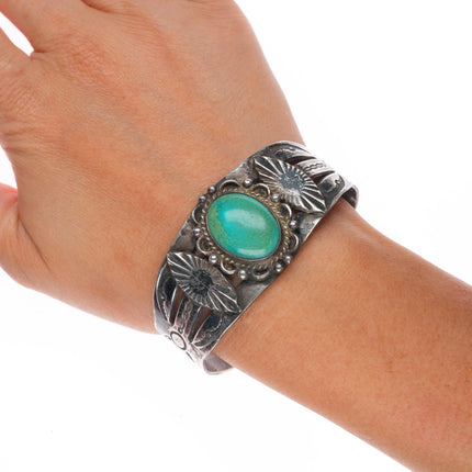 6.6" c1940's Navajo sterling silver turquoise wide hand stamped cuff bracelet