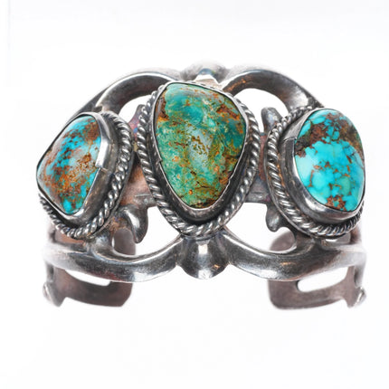 6" Vintage Navajo sterling silver 3 stone turquoise cast cuff bracelet