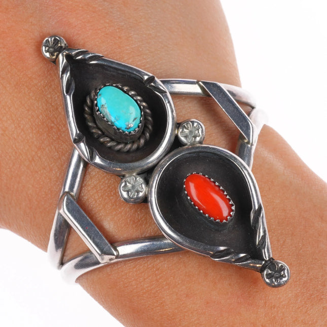 5.6" vintage Navajo sterling silver, turquoise/coral pointy cuff bracelet