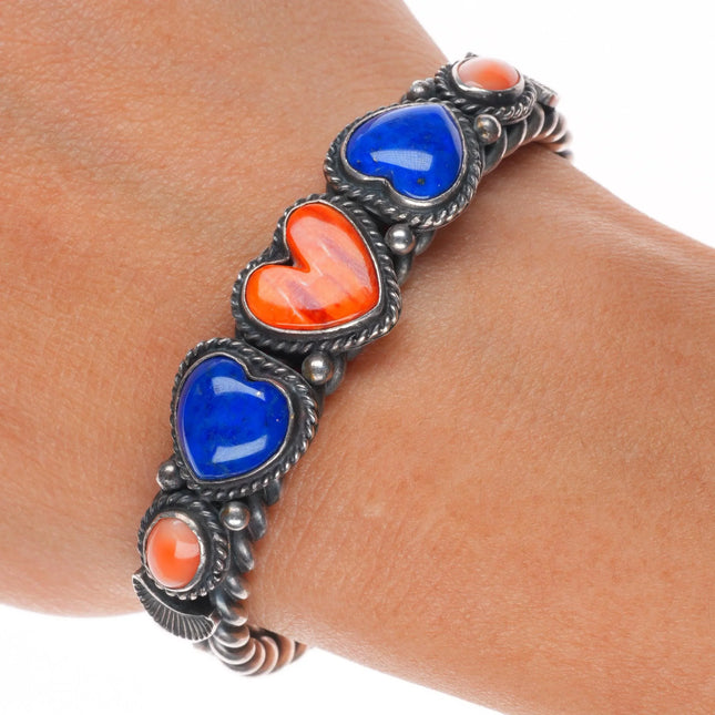 6" David Reeves Navajo sterling silver, lapis, spiny oyster hearts cuff bracelet