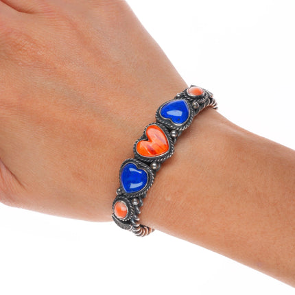 6" David Reeves Navajo sterling silver, lapis, spiny oyster hearts cuff bracelet