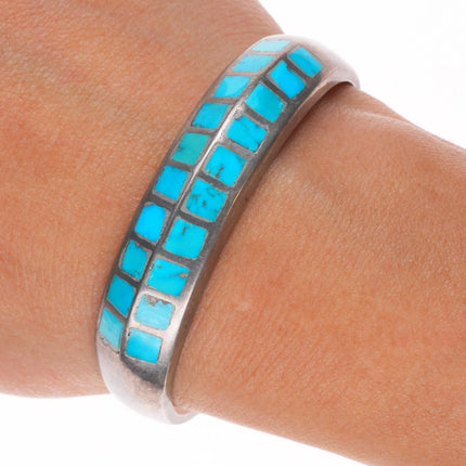 6" Vintage Zuni sterling silver double row turquoise channel inlay cuff bracelet