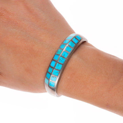 6" Vintage Zuni sterling silver double row turquoise channel inlay cuff bracelet
