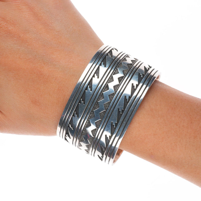 6.75" Herman Vandever Navajo sterling silver wide band stamped cuff bracelet