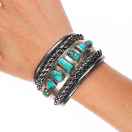 6.5" 40s-50's Navajo heavy sterling silver wide band turquoise row cuff bracelet