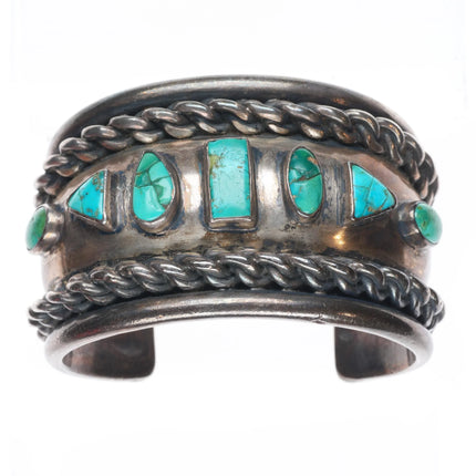6.5" 40s-50's Navajo heavy sterling silver wide band turquoise row cuff bracelet