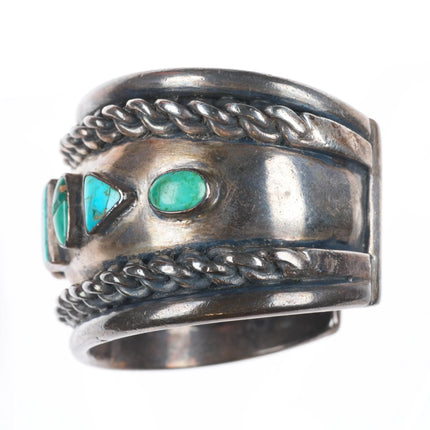 6.5" 40s-50's Navajo heavy sterling silver wide band turquoise row cuff bracelet