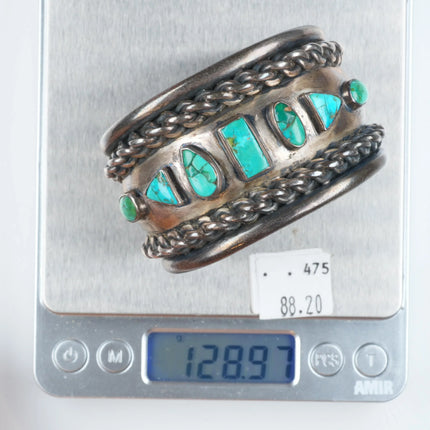 6.5" 40s-50's Navajo heavy sterling silver wide band turquoise row cuff bracelet