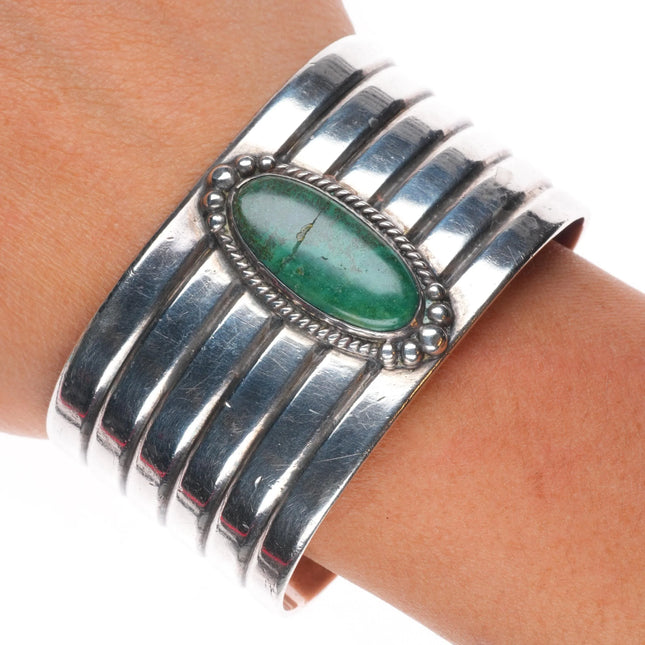 6.4" Vintage Navajo sterling silver green turquoise wide cuff bracelet
