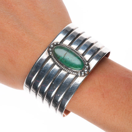 6.4" Vintage Navajo sterling silver green turquoise wide cuff bracelet