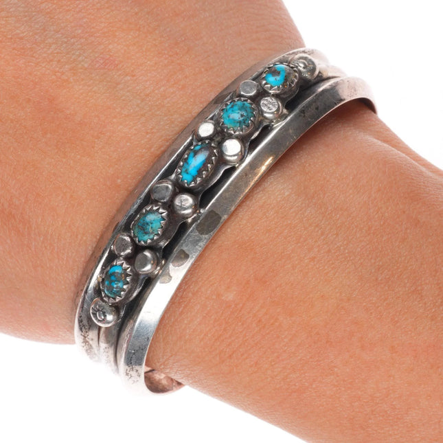 6.1" 1950's Bisbee turquoise Navajo sterling silver row cuff bracelet vintage