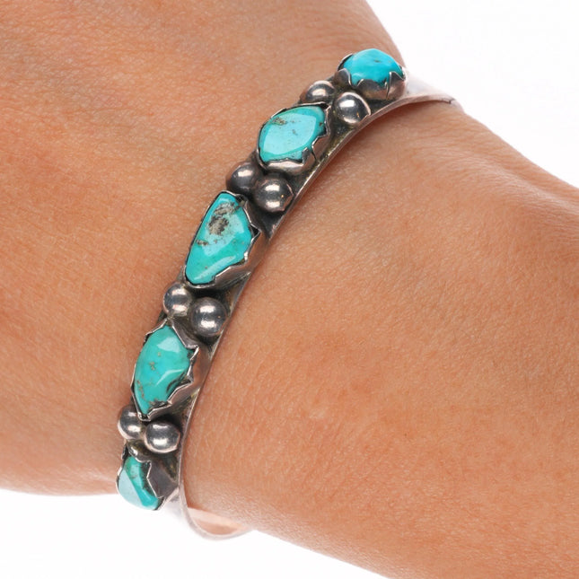 6.25" Vintage Zuni sterling silver turquoise nugget row cuff bracelet