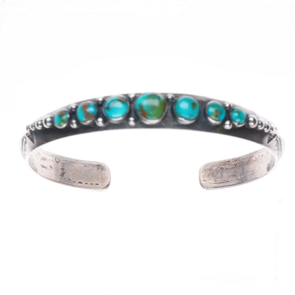 6.25" 1930's Navajo ingot silver graduated turquoise row cuff bracelet sterling