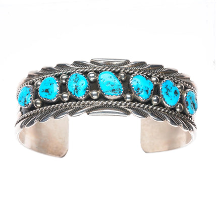 6.5" James Shay Navajo sterling silver Kingman turquoise row cuff bracelet