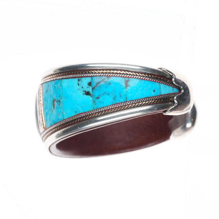 6" Ramona Heise Labradorite, sterling silver, turquoise leather cuff bracelet