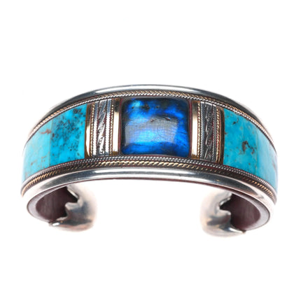 6" Ramona Heise Labradorite, sterling silver, turquoise leather cuff bracelet