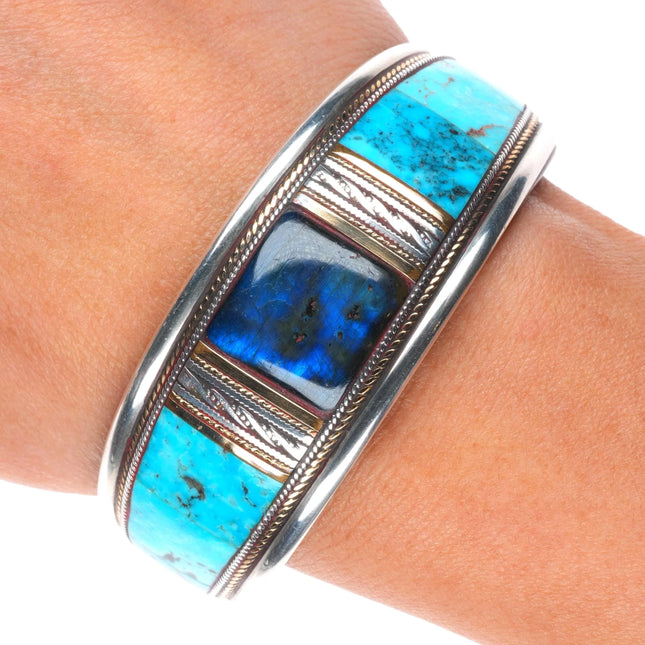 6" Ramona Heise Labradorite, sterling silver, turquoise leather cuff bracelet