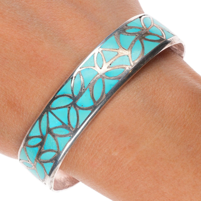 6.8" Vintage Hechilay Zuni sterling silver fishs-cale turquoise cuff bracelet