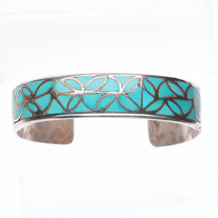 6.8" Vintage Hechilay Zuni sterling silver fishs-cale turquoise cuff bracelet