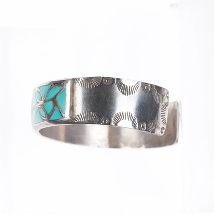 6.8" Vintage Hechilay Zuni sterling silver fishs-cale turquoise cuff bracelet