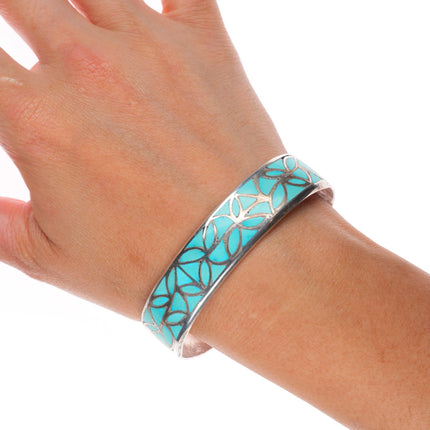 6.8" Vintage Hechilay Zuni sterling silver fishs-cale turquoise cuff bracelet