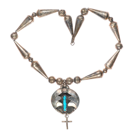 16.5" Vintage Navajo sterling silver cone beaded necklace w/turquoise pendant