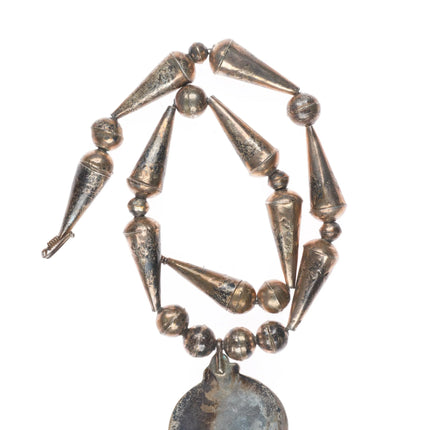 16.5" Vintage Navajo sterling silver cone beaded necklace w/turquoise pendant