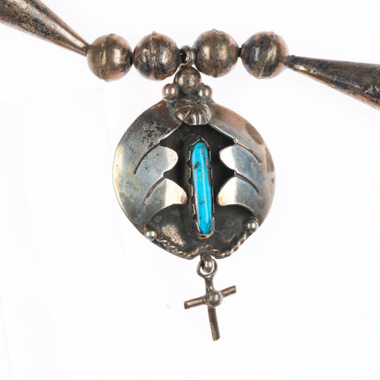 16.5" Vintage Navajo sterling silver cone beaded necklace w/turquoise pendant