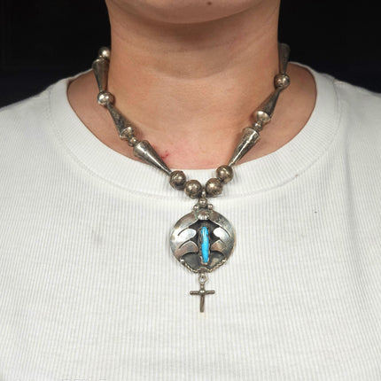 16.5" Vintage Navajo sterling silver cone beaded necklace w/turquoise pendant