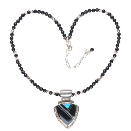 17" Southwestern sterling silver onyx, lab opal arrowhead form pendant necklace