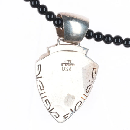17" Southwestern sterling silver onyx, lab opal arrowhead form pendant necklace