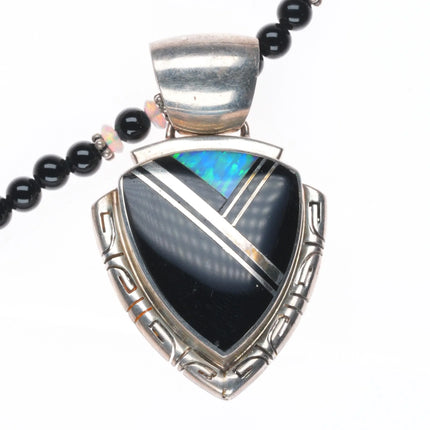 17" Southwestern sterling silver onyx, lab opal arrowhead form pendant necklace