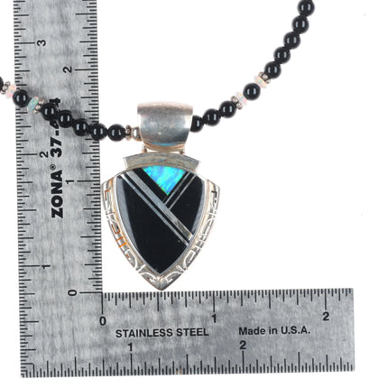 17" Southwestern sterling silver onyx, lab opal arrowhead form pendant necklace