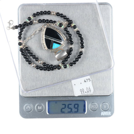 17" Southwestern sterling silver onyx, lab opal arrowhead form pendant necklace