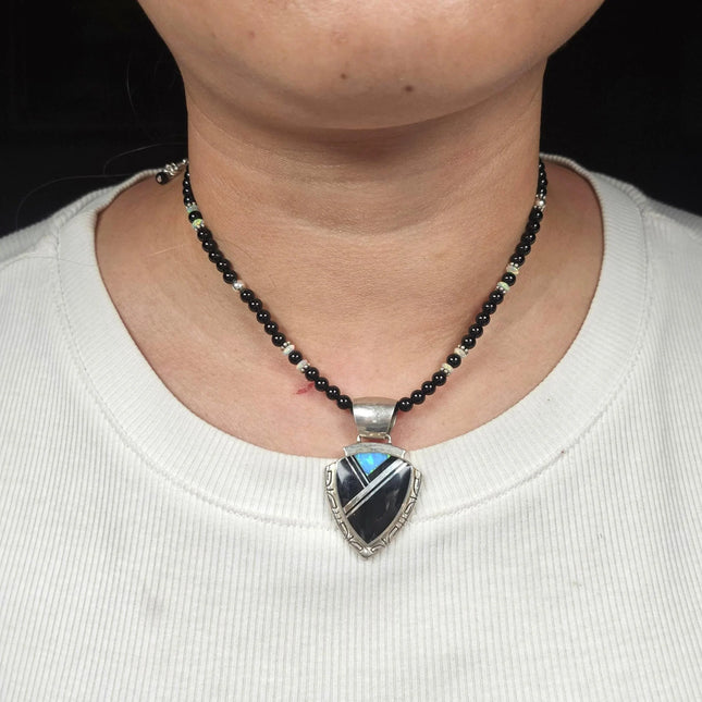 17" Southwestern sterling silver onyx, lab opal arrowhead form pendant necklace