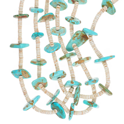 30" Vintage Santo Domingo turquoise/shel 3 strand heishi necklace